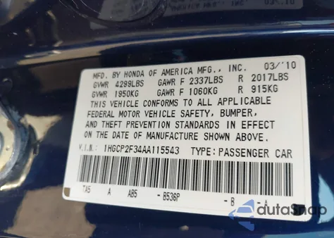 2010 Honda Accord 2.4 Lx z USA, uszkodzony, nr VIN 1HGCP2F34AA115543